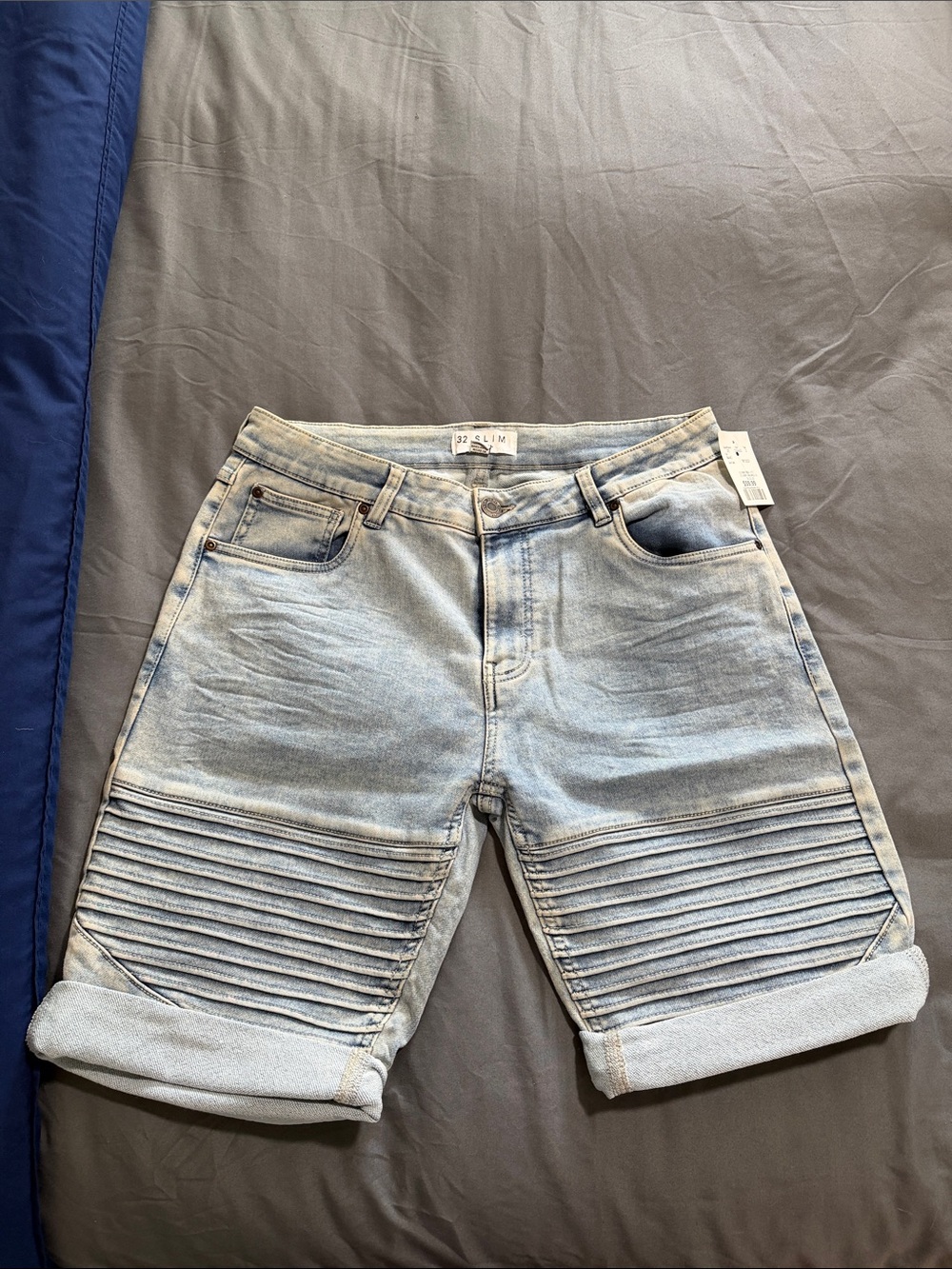 Men's Light Blue Ribbed Denim Shorts - Casual Mid-Rise Jean Shorts